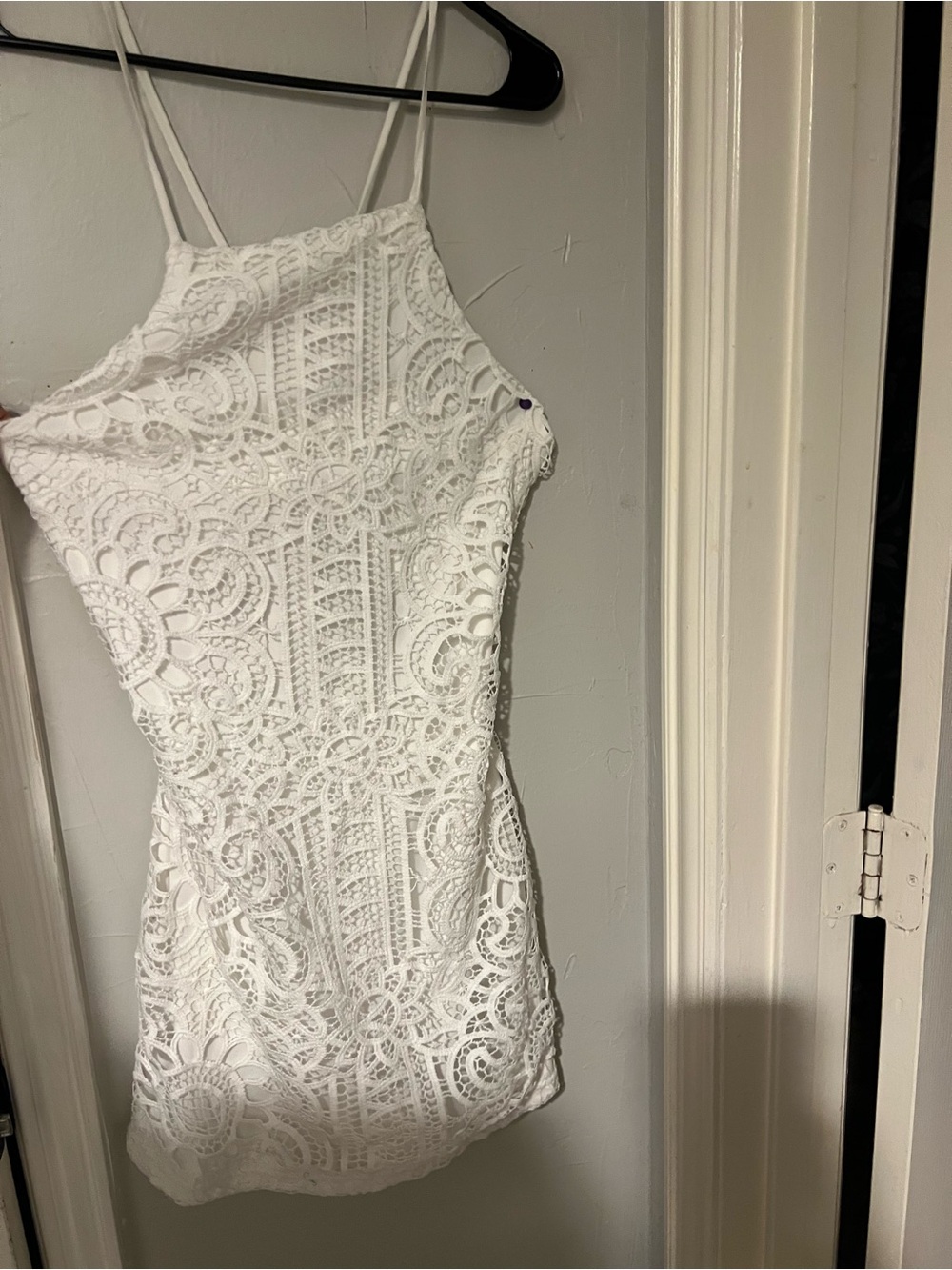 White Lace Halter Mini Dress with Crochet Detail